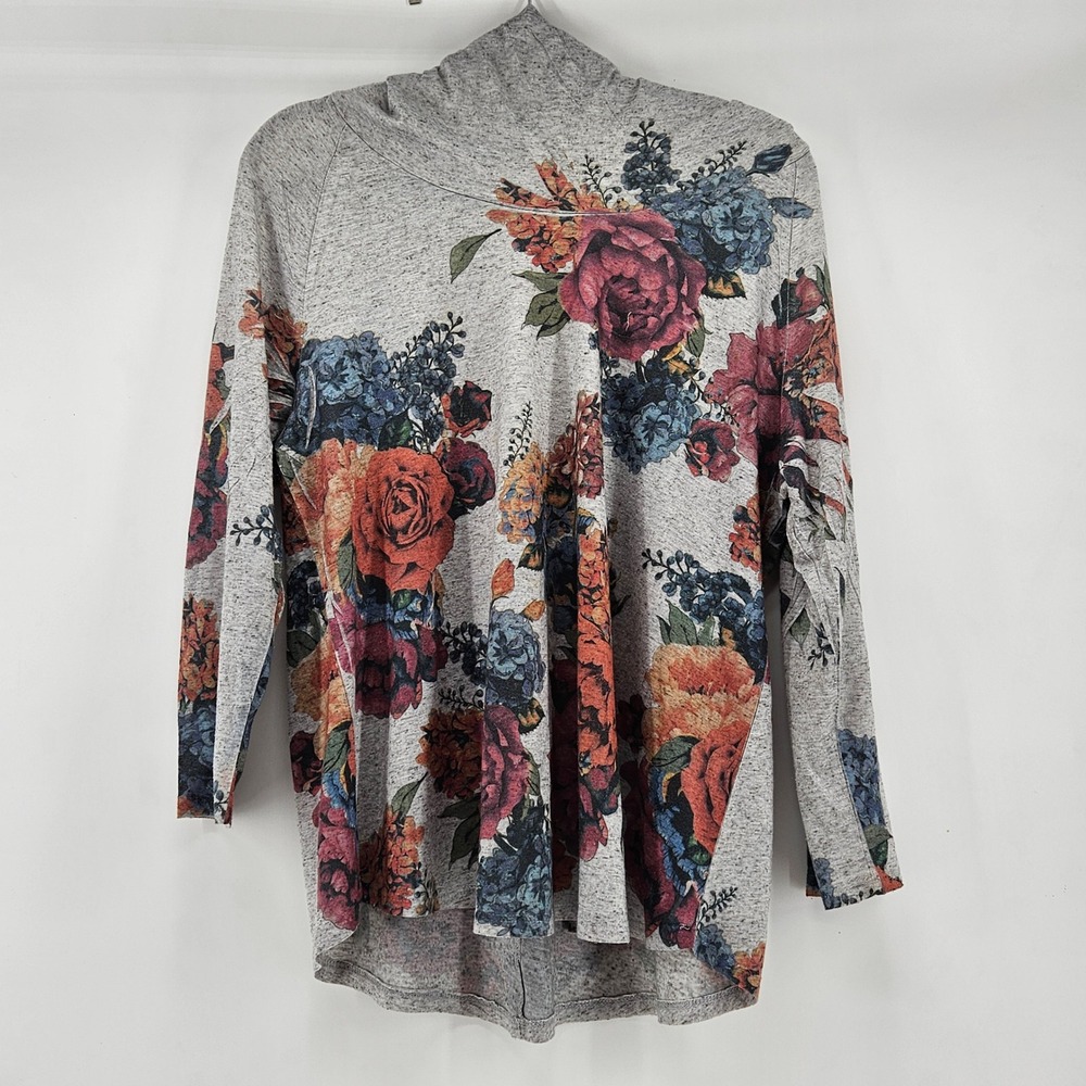 Floral Funnel Neck Top Grey Rose Print 3/4 Sleeve Office Chic Casual Artsy‎